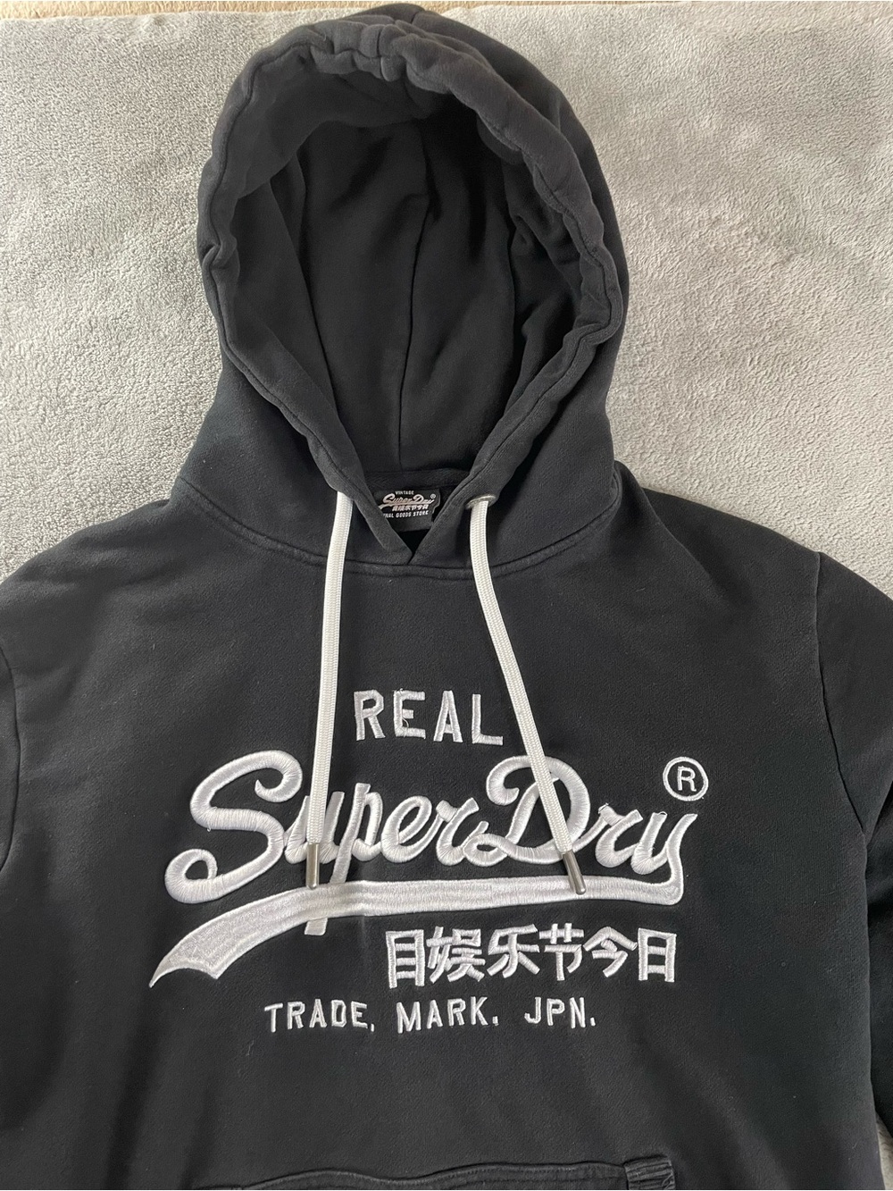 Superdry Embroidered Black Hoodie Mens Medium Raised Embroidery •Sleeve Mark
